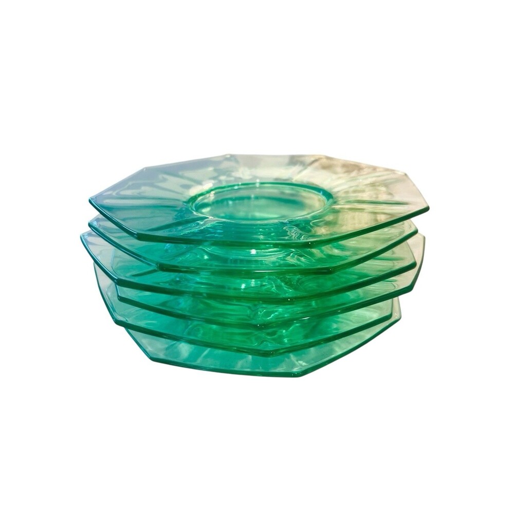 Antique Set of 6 Uranium Depression Glass Octagonal Salad Plates 6” UV Glow